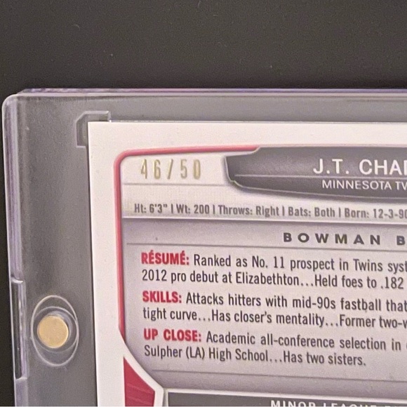 JT Chargois AUTO Bowman Chrome Prospects Gold Refractor /50 - Picture 3 of 3